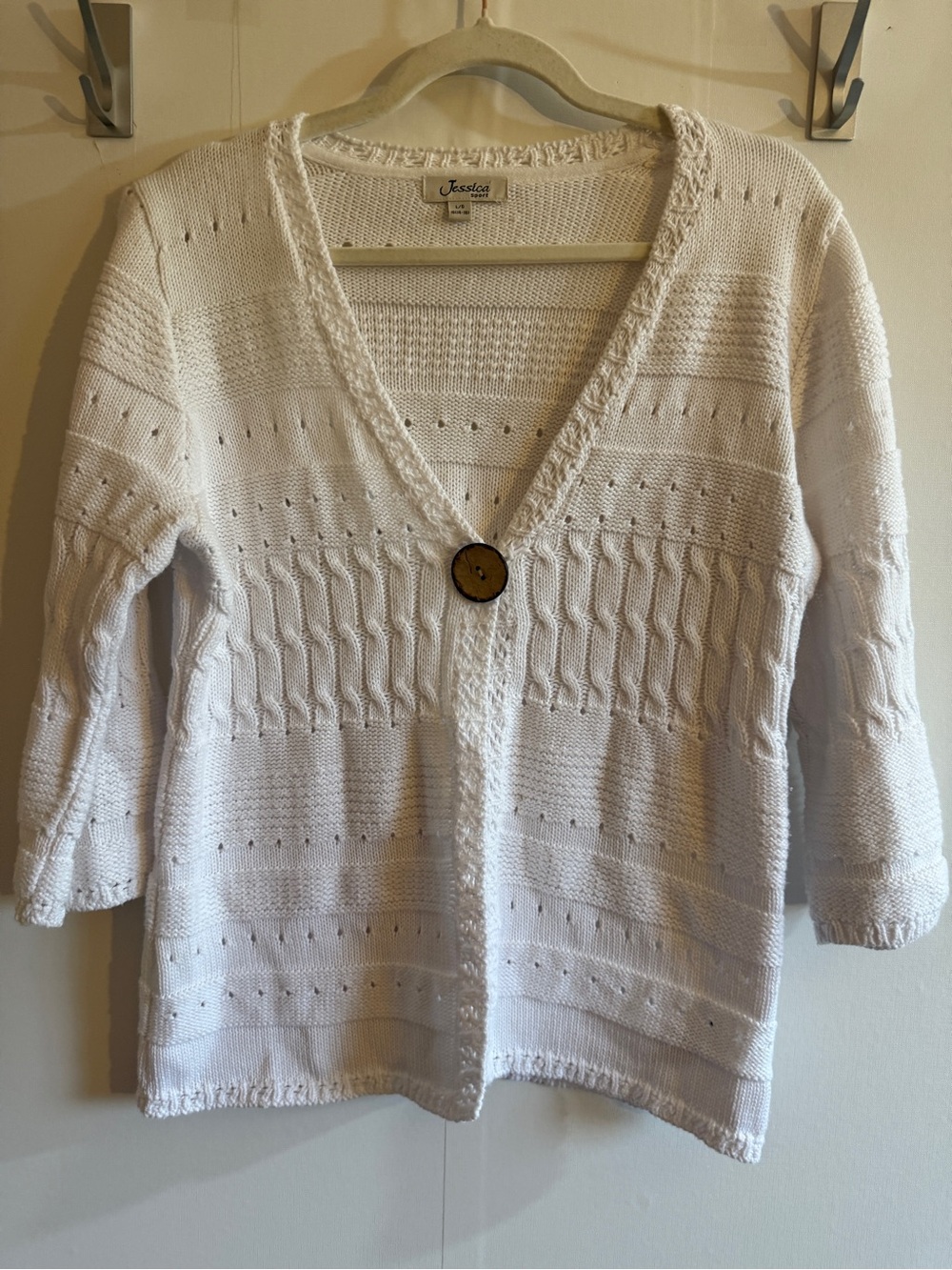 Jessica Sport White Cotton Knit Cardigan Coconut Button Cottagecore Size Large